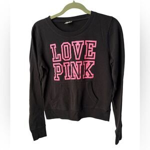 PINK Victoria’s Secret Black Crew Neck Sweater w/ Neon Pink Lettering Size M